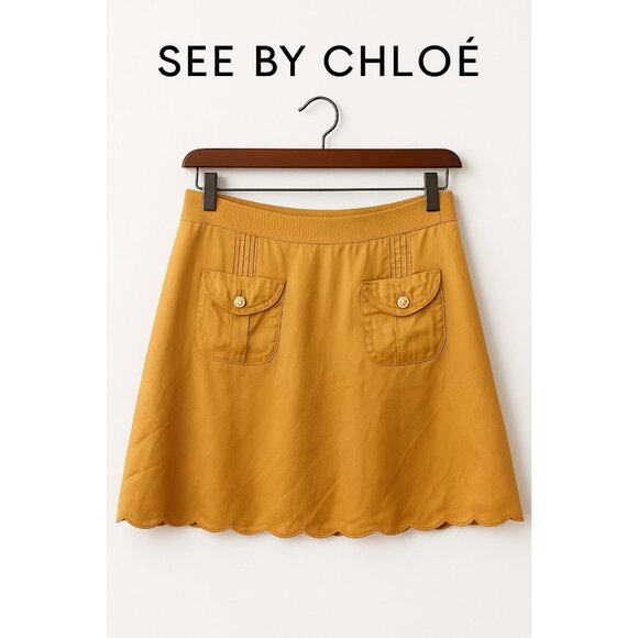 See by Chloé Gold Silk Mini Skirt Women’s Size 2 US Scalloped Hem Pockets IT38 - Picture 1 of 9
